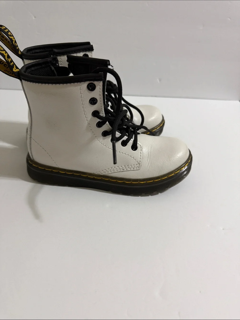 Dr. Martens Kids White Leather Ankle Boots with Black Accents